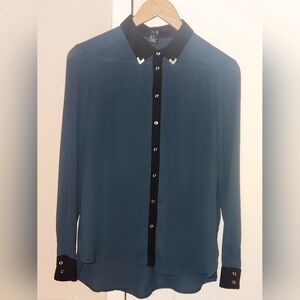 💜 Teal & Black Button Up Long Sleeve Collared Shirt Gold Details Medium